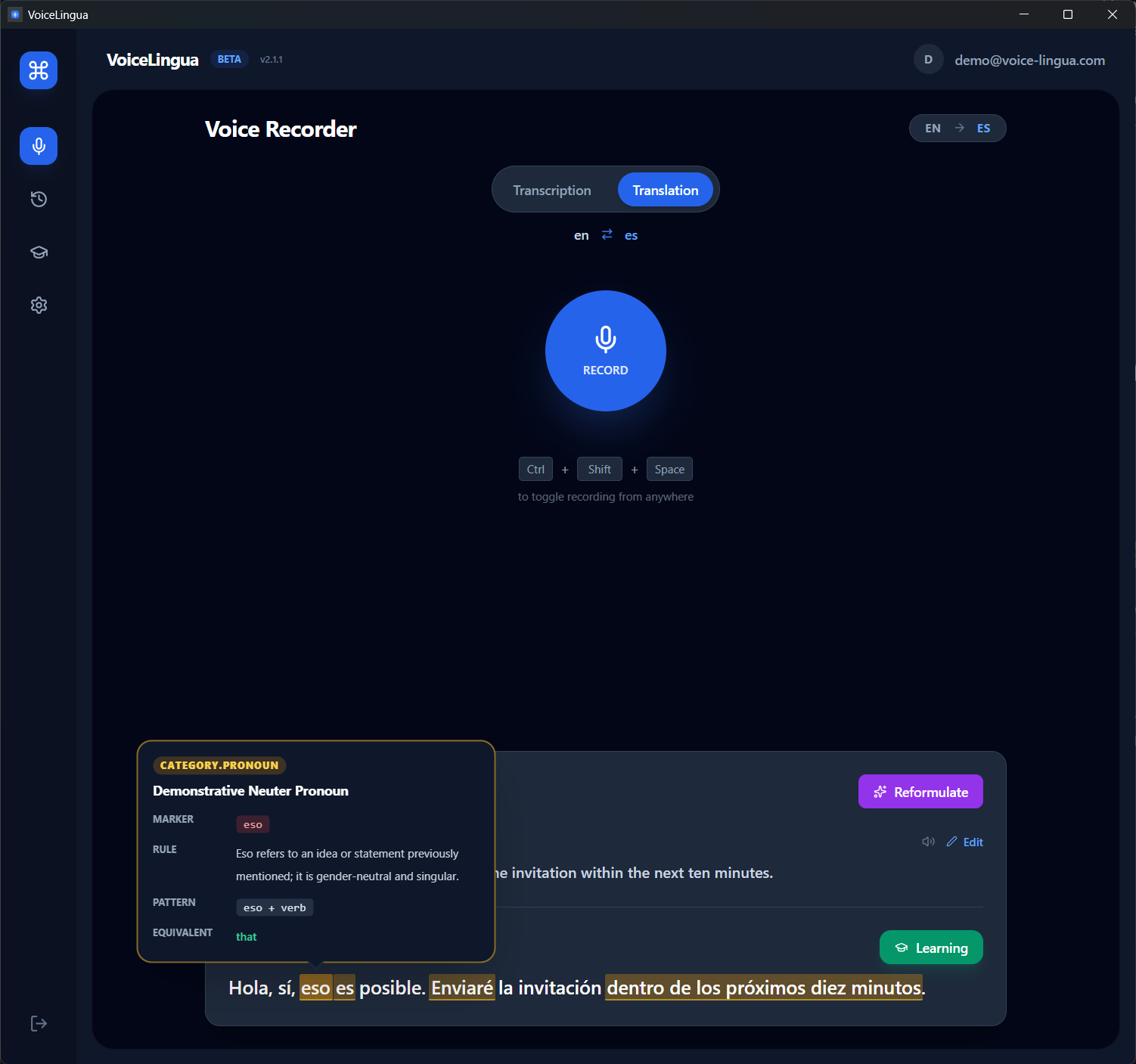 Screenshot: 'Explanation' panel with AI definition, B1 level, examples