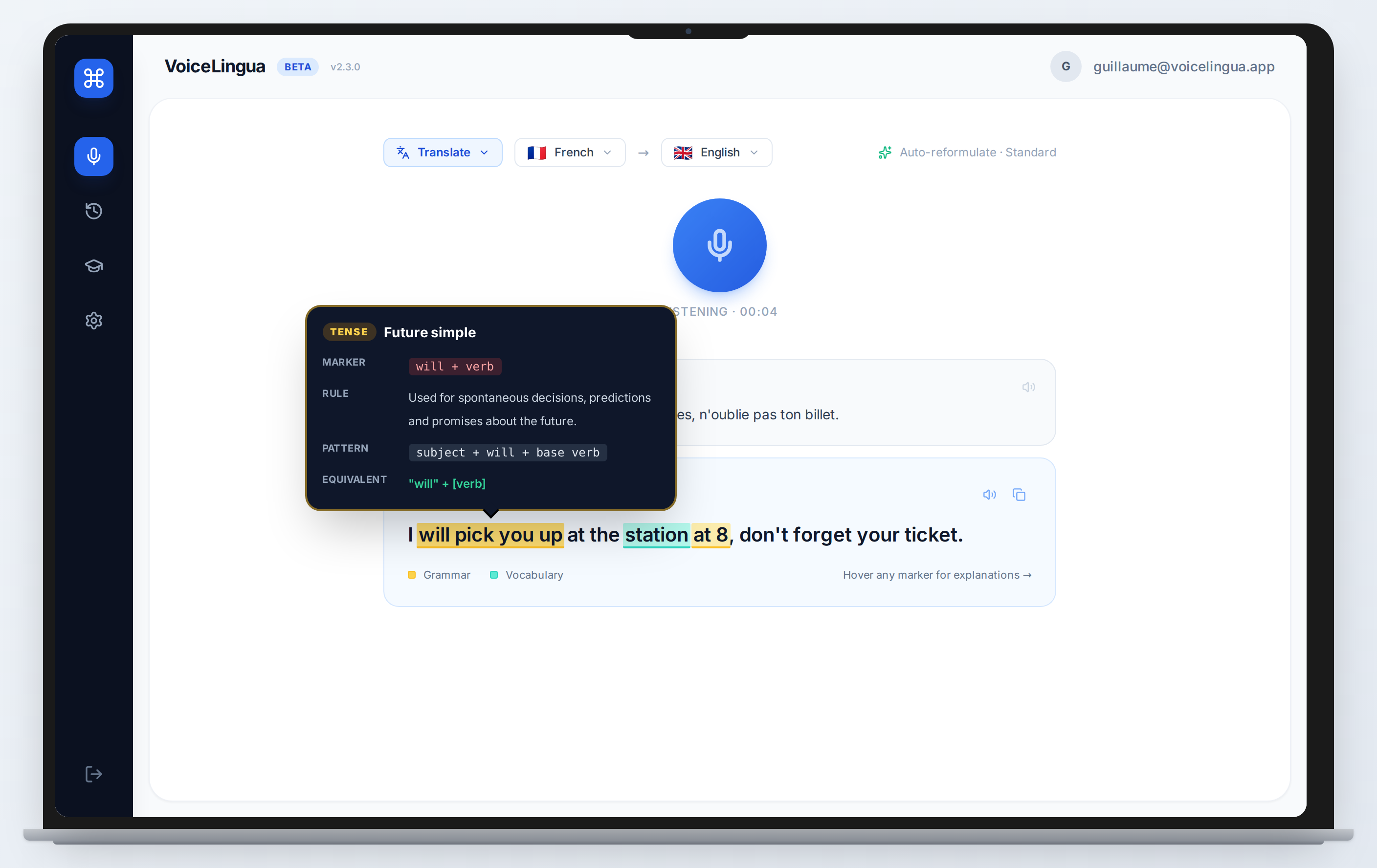 App de escritorio de Windows mostrando una traducción de francés a inglés