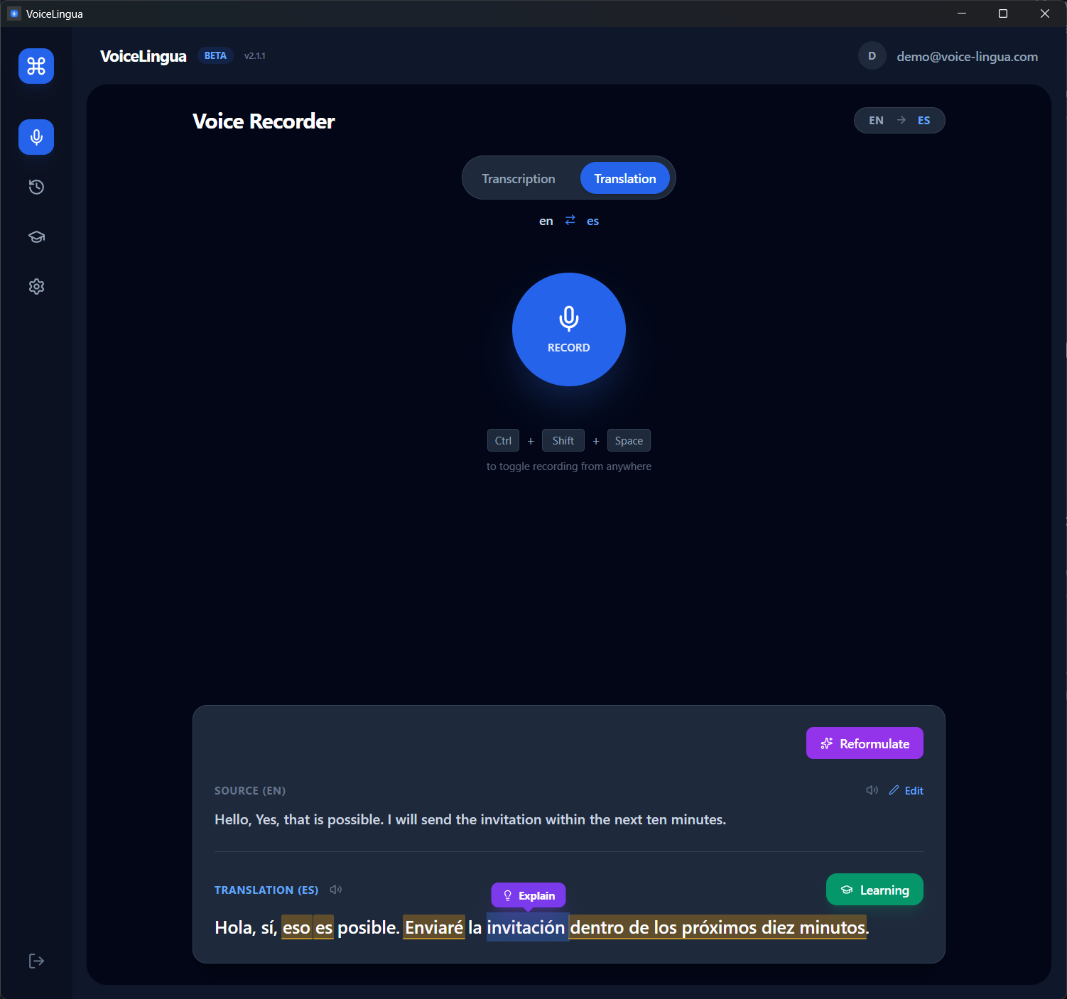 Screenshot: translated text with a highlighted word + 'Explain' tooltip